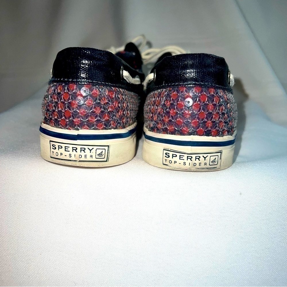 Sperry Top‎ Sider 2-eye Navy Red Polka Dots Clear Sequins Boat Shoes Sz 8 EUC - Picture 7 of 12
